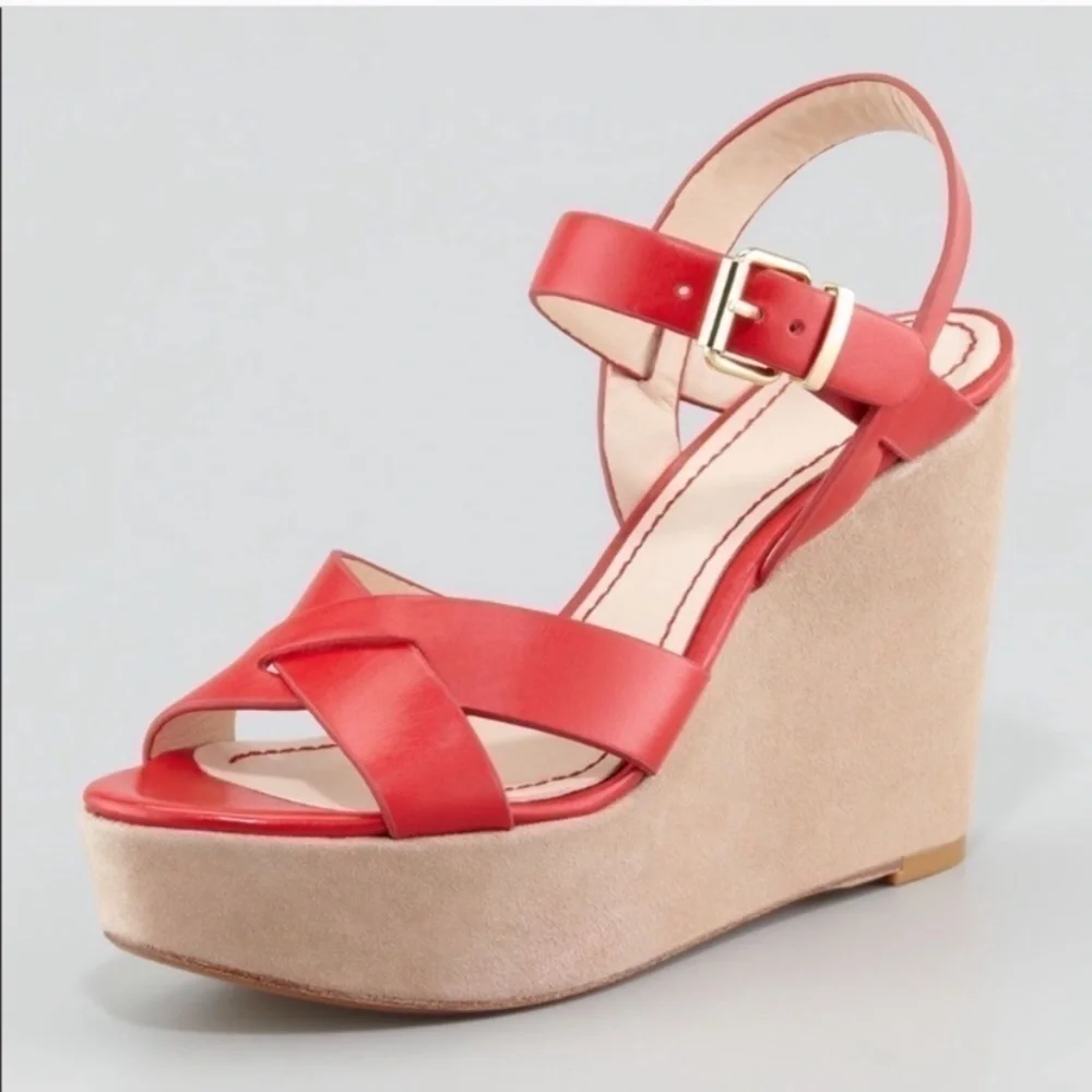 POUR la Victoire red leather strapy suede velvet wedges sandals New